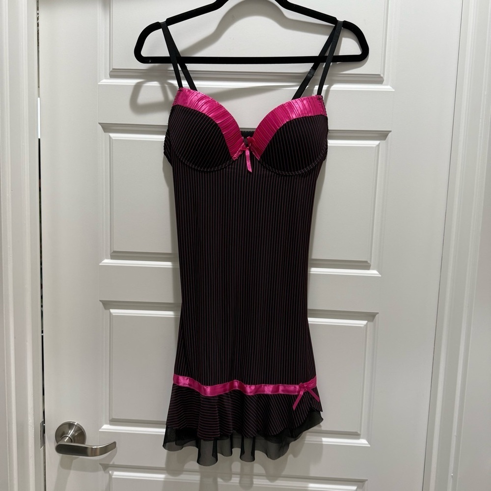 Inteco Intimates Black and Pink Lingerie Slip Dress Stripe Bow Costume Medium